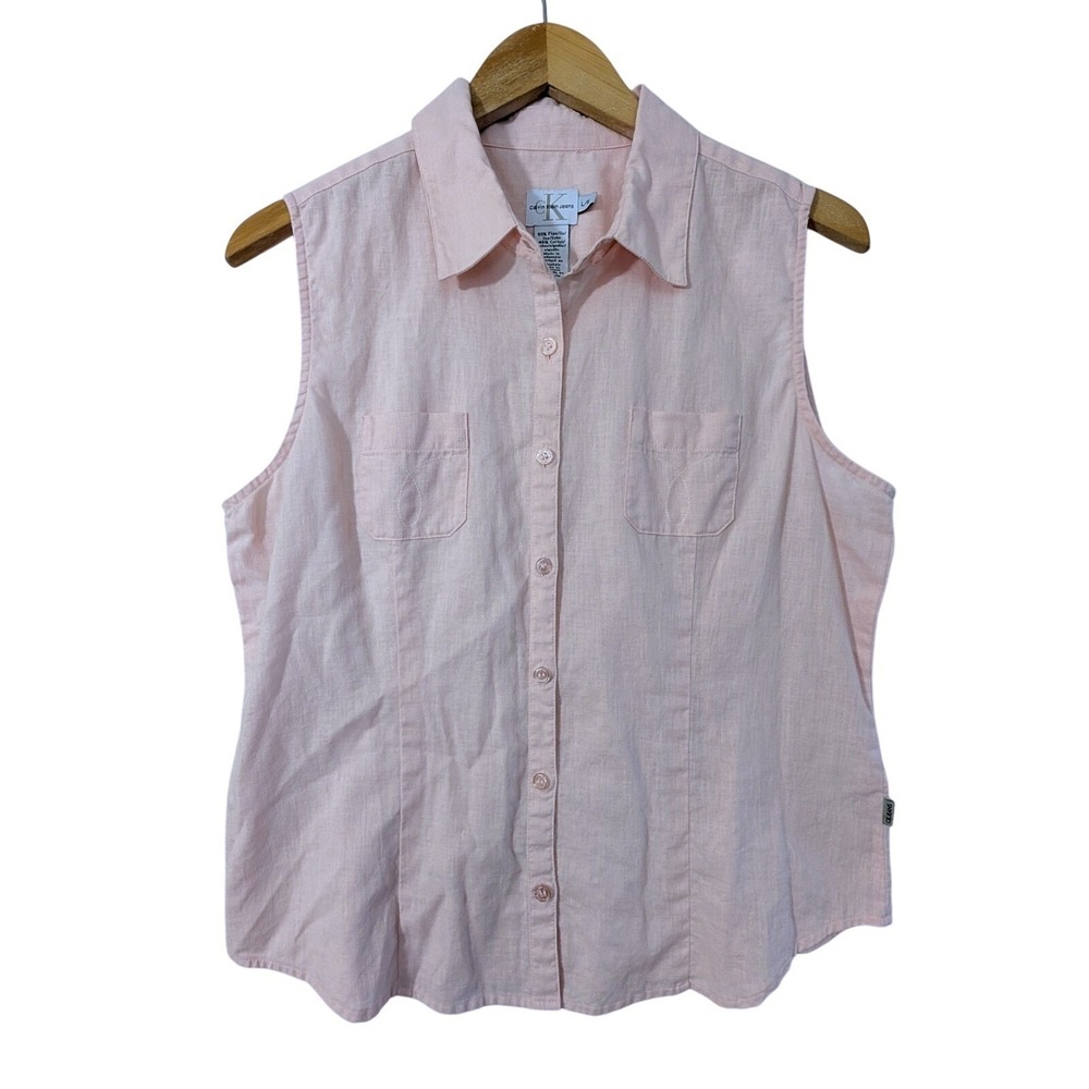 Calvin Klein Linen Blend Button Up Top Womens L Pink Sleeveless Coastal Casual